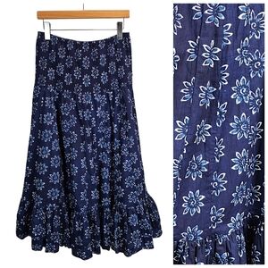 Dress Addict Navy Floral Boho Midi Skirt L Smocked Waist Cotton Tiered Cottageco